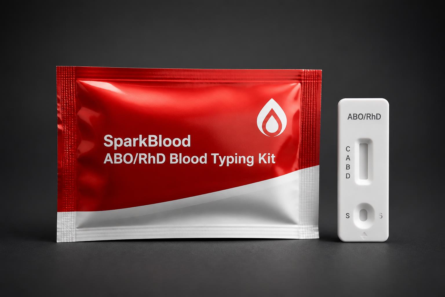 Spark Blood ABO/RhD Typing Kit foil pouch beside a cassette test device