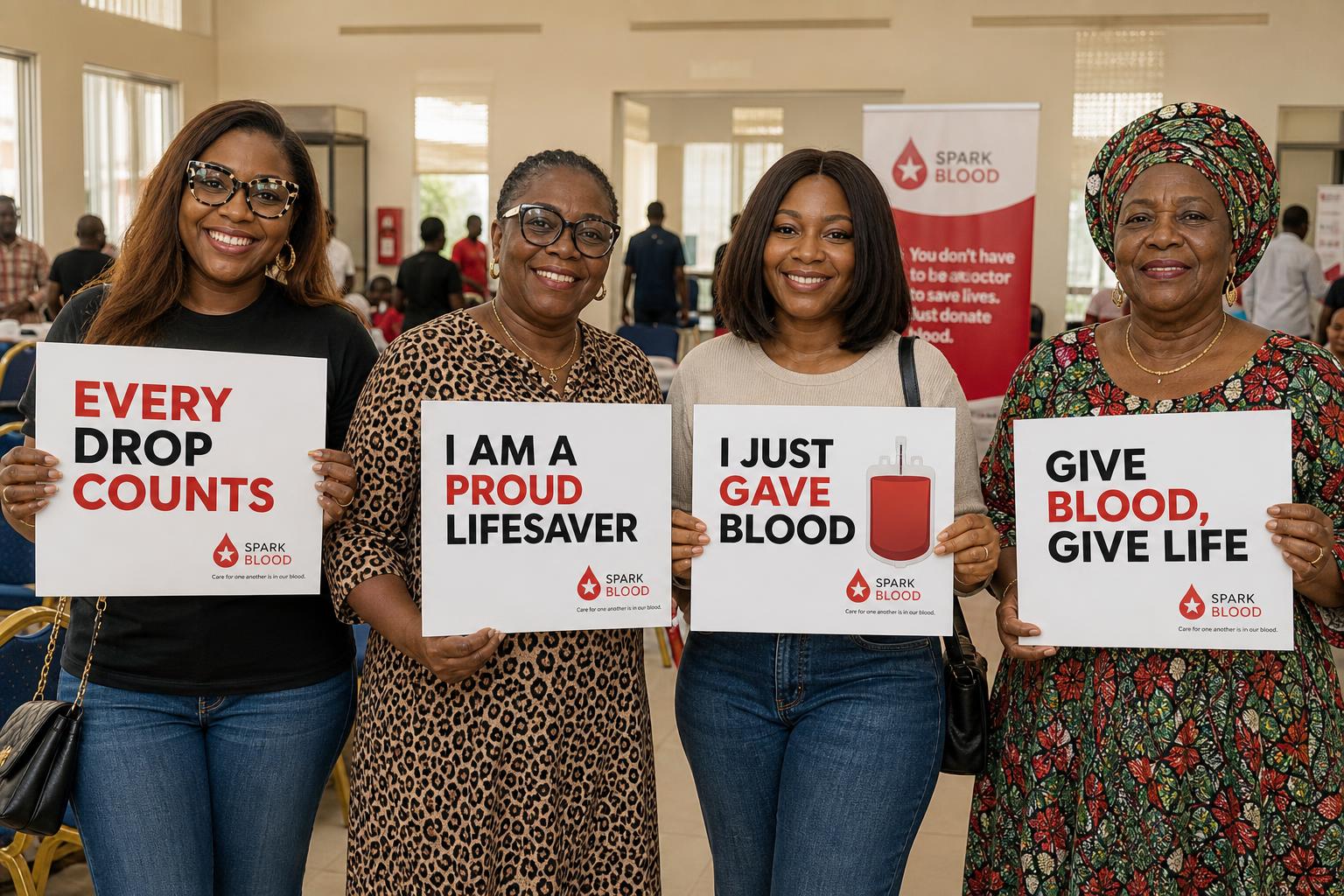 Four Spark Blood lifelines holding placards: Every Drop Counts, I Am A Proud Lifesaver, I Just Gave Blood, Give Blood Give Life.