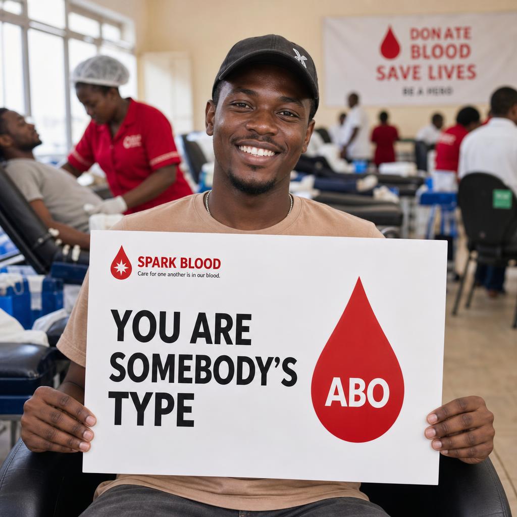 A Spark Blood lifeline holding a 'You Are Somebody's Type' placard.